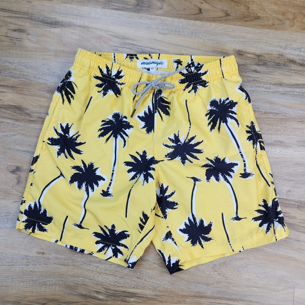 🔸️Yellow w/Blue Palm Tree Slim Fit Swim Shorts Men's XSmall